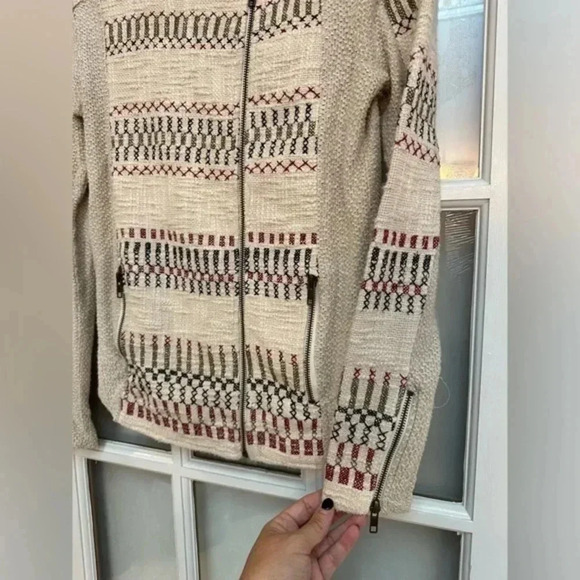 Lucky Brand | Cream Embroidered Knit Jaquered Zip Boho Motorcycle Jacket Size S - Picture 7 of 12